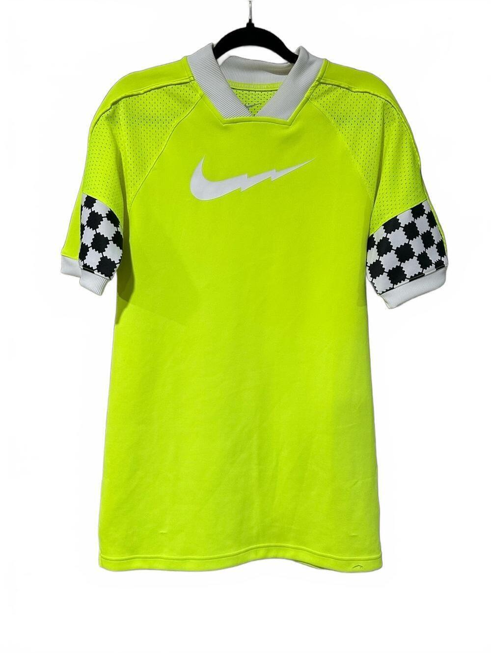 Nike Bright Neon Yellow Soccer Top with Checkered Sleeve Accents